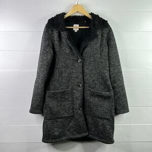 DB Heathered Gray Faux Fur‎ Trim Single Breast Button Up Jacket Coat Size Large